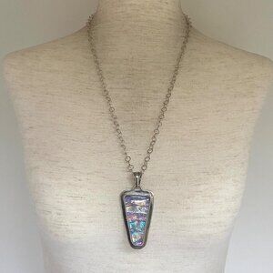 Sterling Silver 925 Designer Signed “Paradise” Dichroic Glass Pendant Necklace